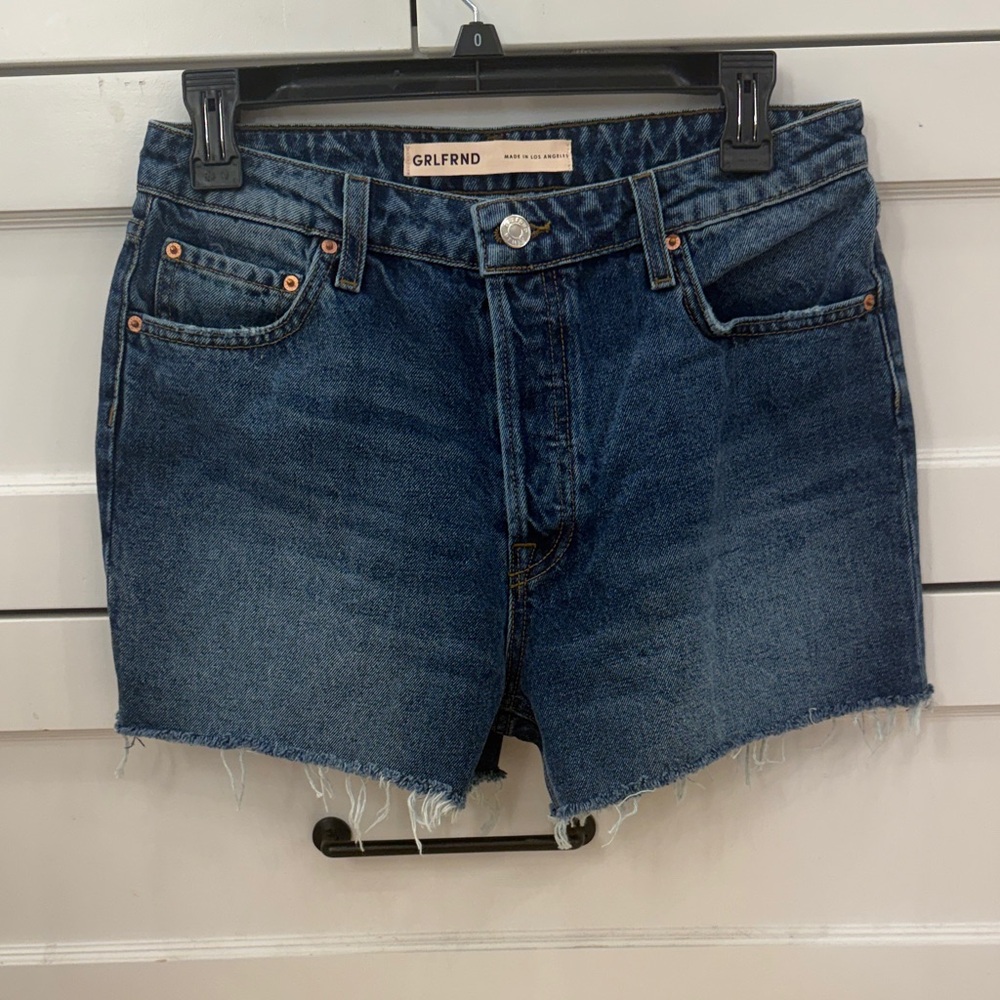 GRLFRND Dark Blue High-Rise Raw Hem Denim Shorts